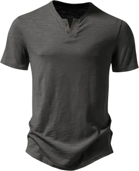 Men's Stretchy Short Sleeve Henley T-Shirt Casual Cotton 2 Buttons Notch Neck Tee Shirts