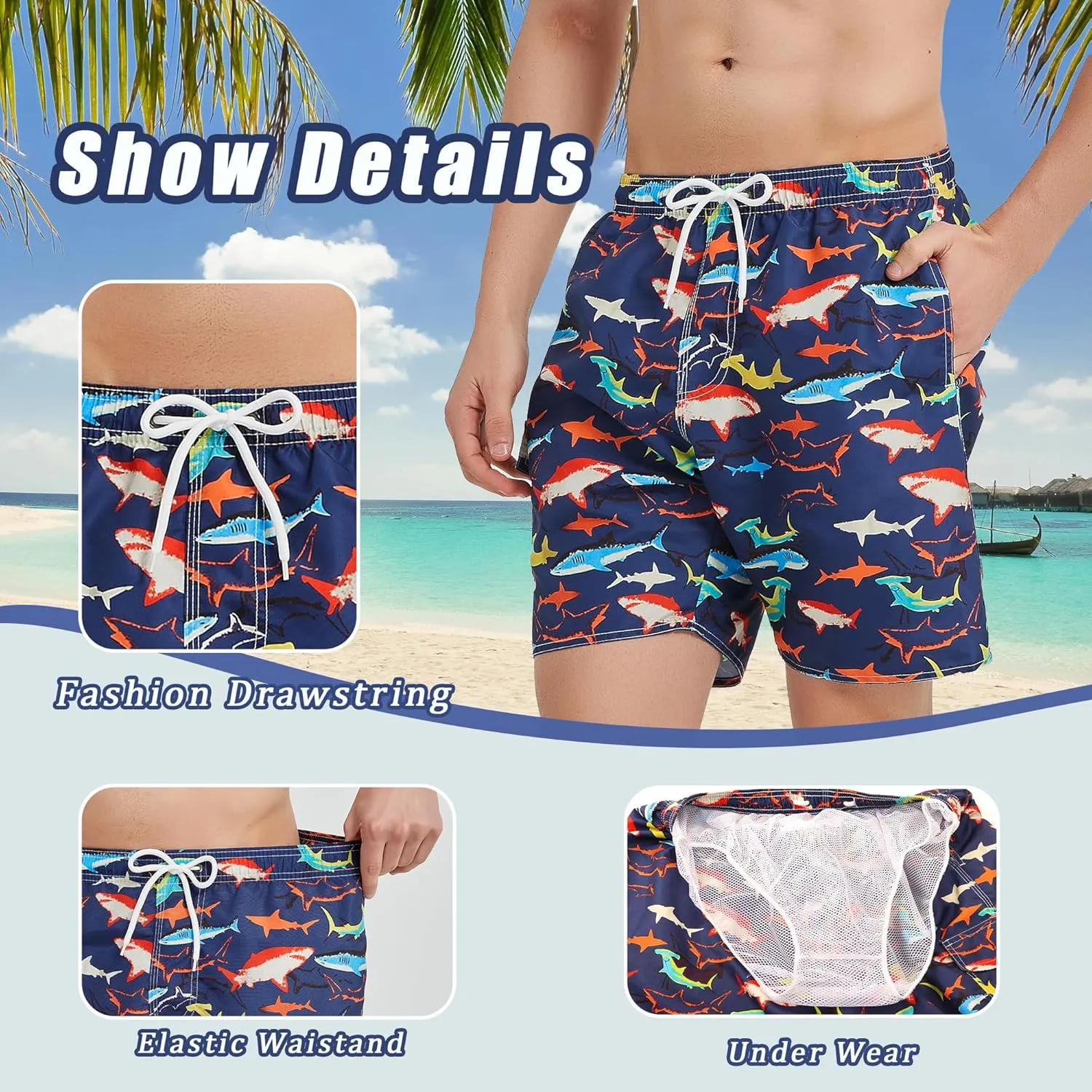 Mens Swim Trunks Swim Shorts Swimwear Quick Dry 7???? Swimming Trunks with Mesh Lining