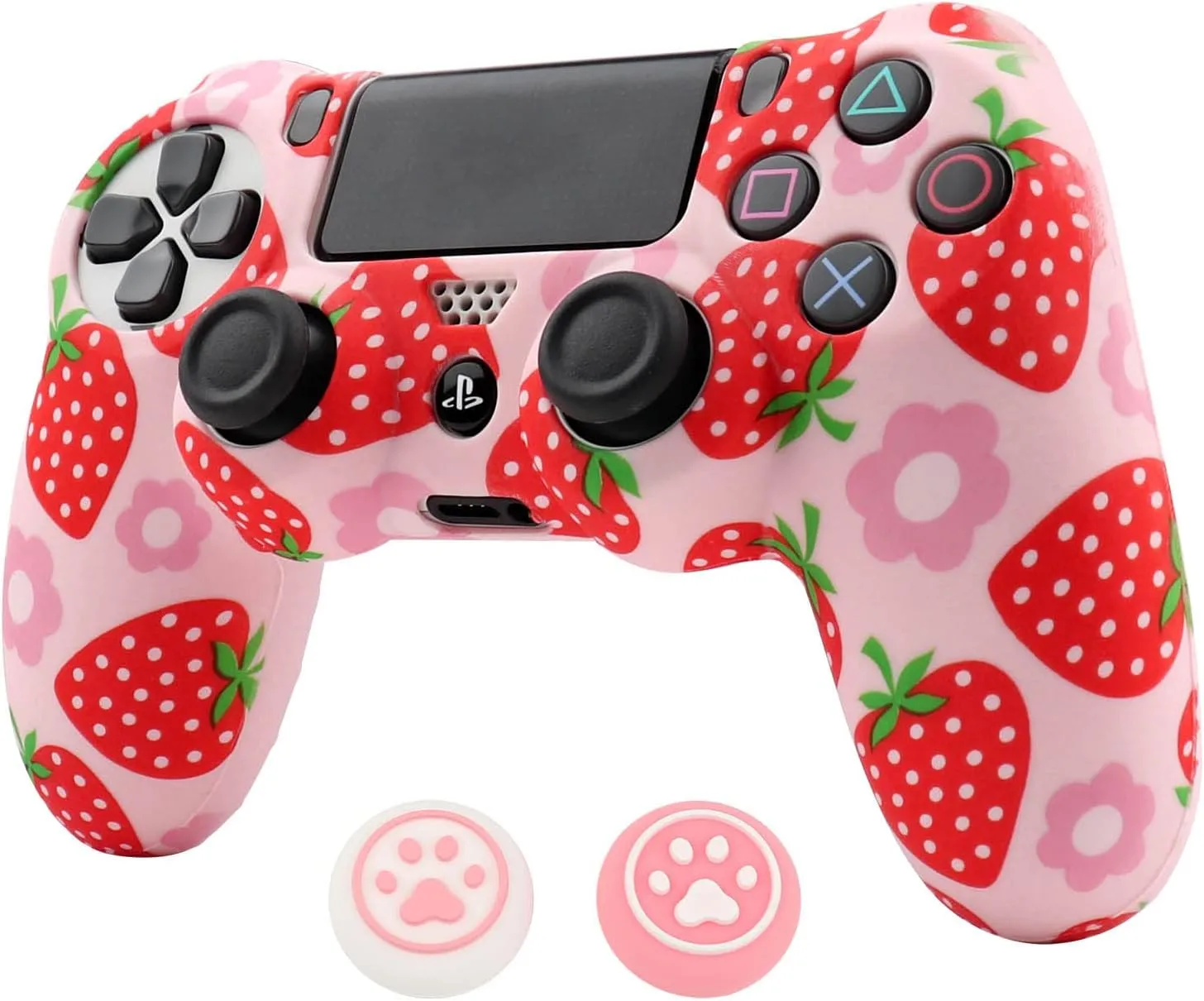 RALAN Pink Controller Skins for PS4,Fruit Silicone Controller Cover Skin Protector Compatible /PS4 Slim/PS4 Pro Controller with 2 Cute Thumb Grips Caps