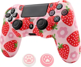 RALAN Pink Controller Skins for PS4,Fruit Silicone Controller Cover Skin Protector Compatible /PS4 Slim/PS4 Pro Controller with 2 Cute Thumb Grips Caps