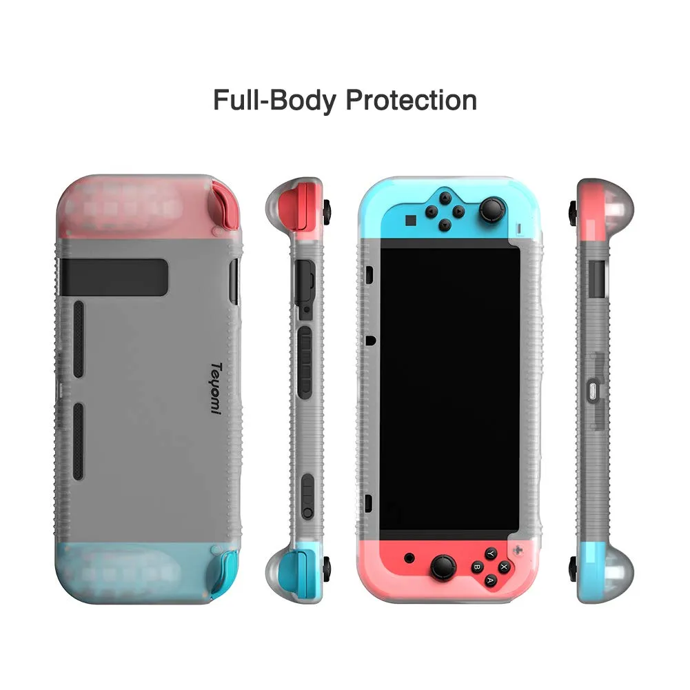 Teyomi Protective Silicone Case for Nintendo Switch, Grip Cover with Tempered Glass Screen Protector, 2 Storage Slots for Game Cards, Shock-Absorption & Anti-Scratch (Clear White)
