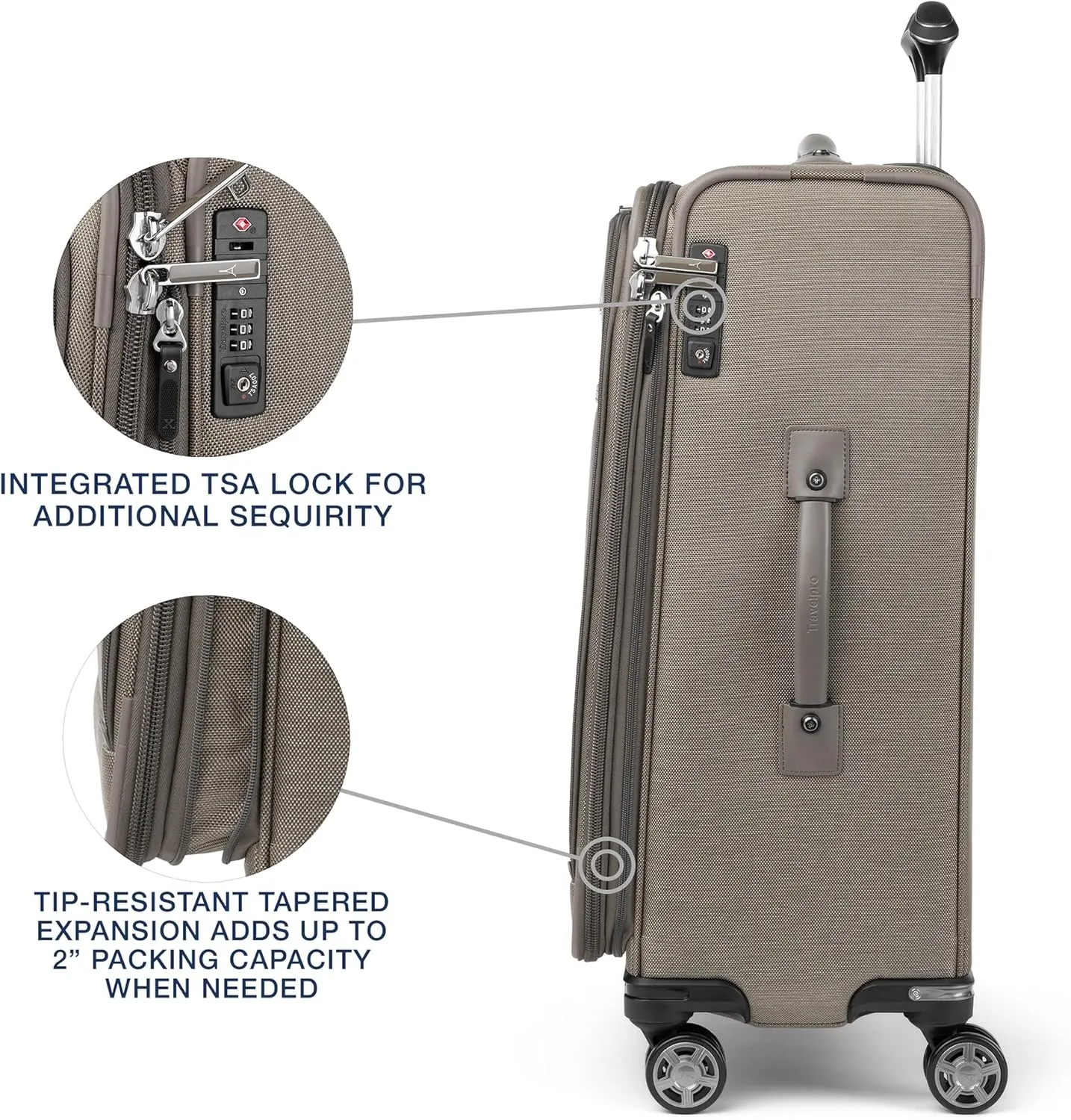 Travelpro Platinum Elite Softside Expandable Checked Luggage, 8 Wheel Spinner Suitcase, TSA Lock, Men and Women, Metallic Sand, Checked Medium 25-Inch